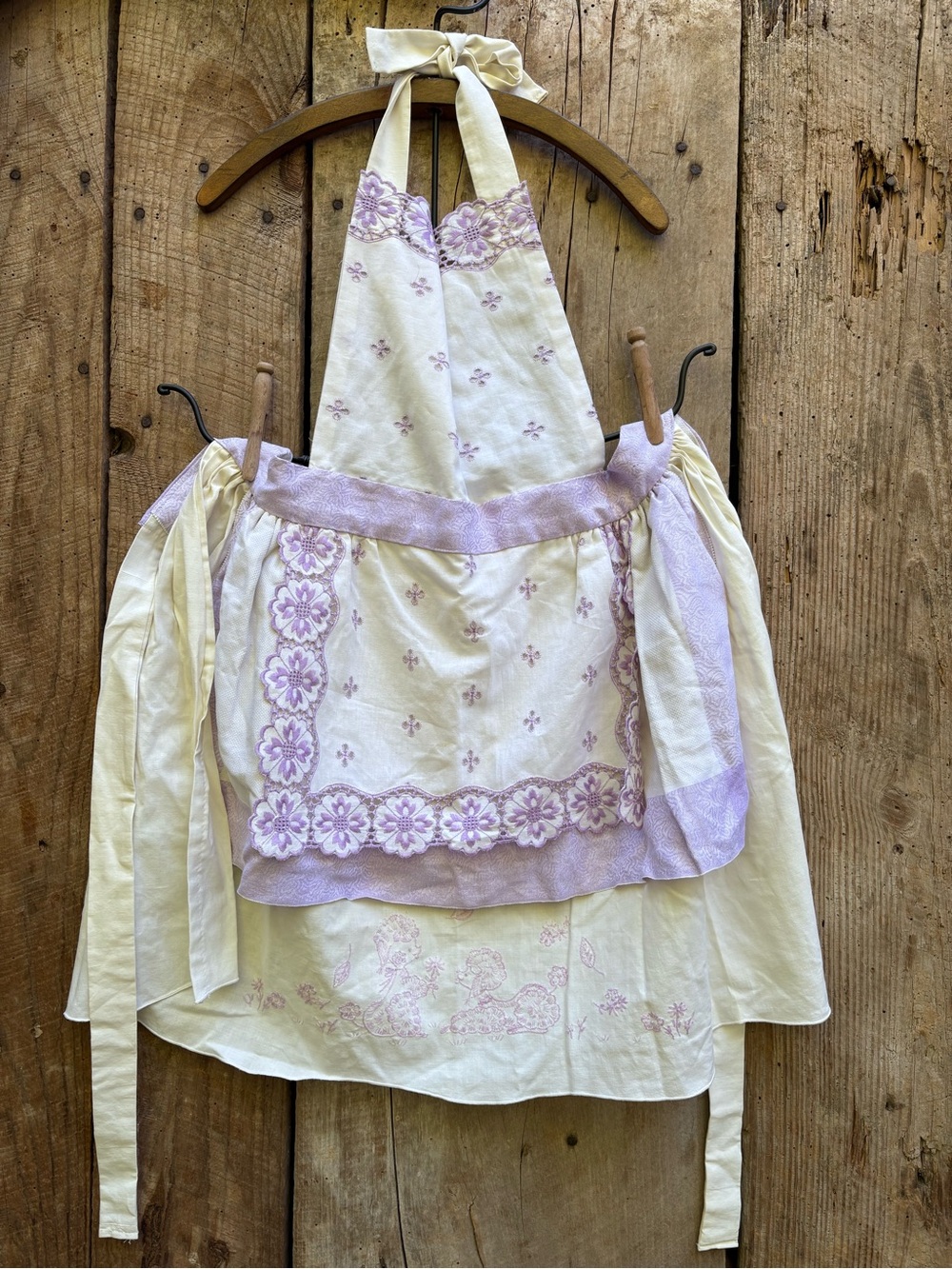 Vintage Lavender & Cream Apron Dress with embroidered poodles